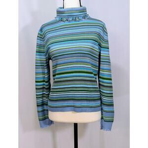 Ingrid Olsen Striped Knit Turtleneck Sweater Large Blue Green Ribbed Fringe Trim
